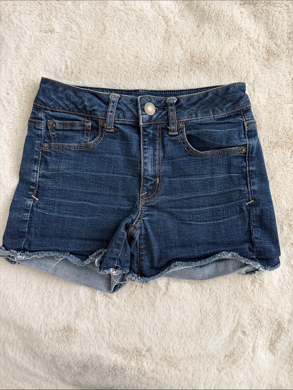 American Eagle Outfitters Dark Blue Denim Frayed-Hem Jean Shorts